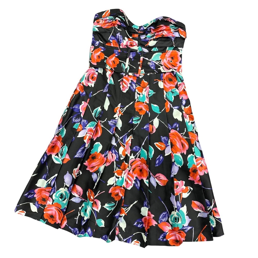 Y2K 2000s Indie Sleaze Express Silk Strapless Belted Floral Dress Black 0